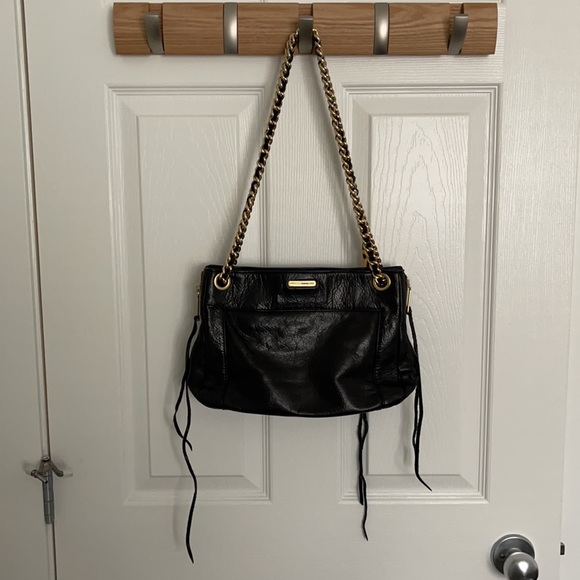 EEUC REBECCA MINKOFF SWING LEATHER BAG BLACK GOLD - Picture 2 of 12